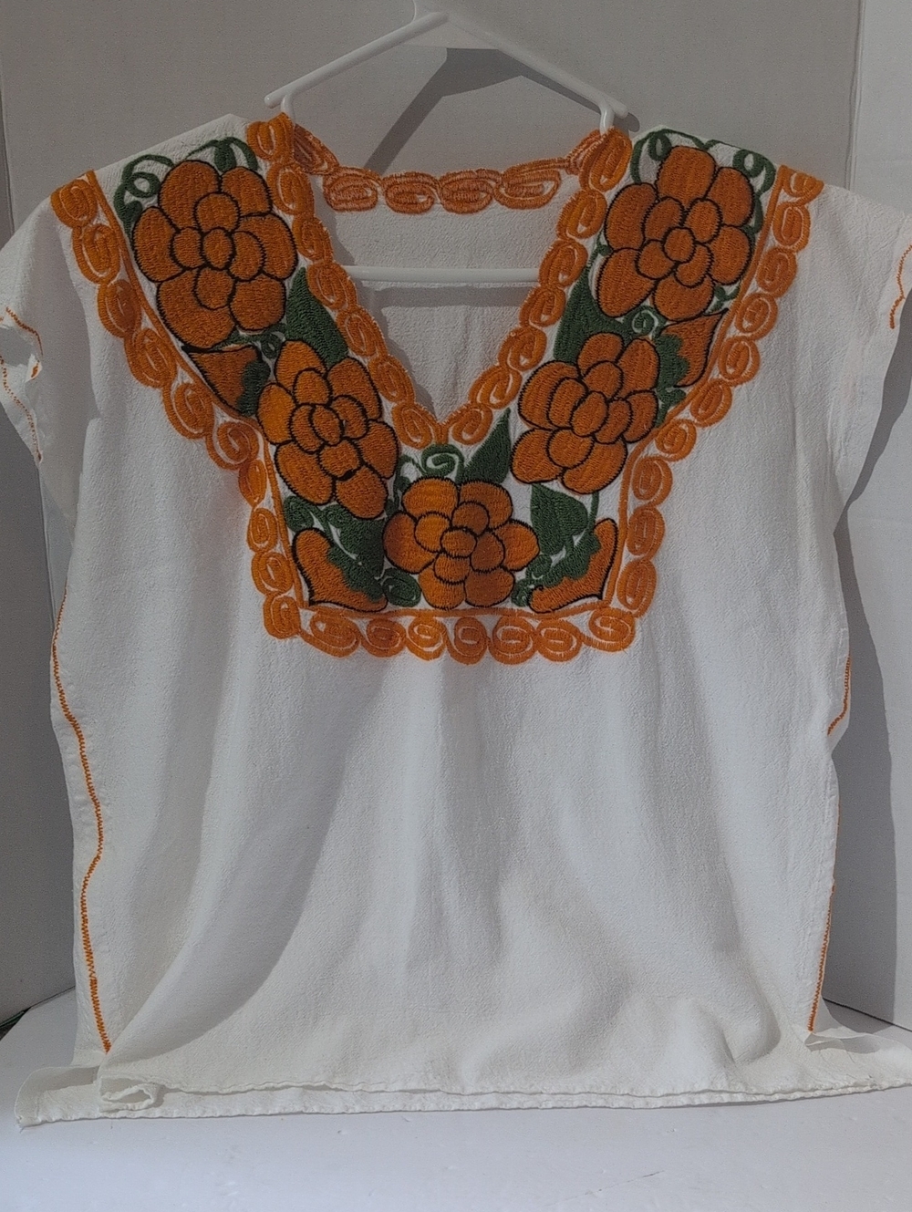 Vintage 70s Embroidered White Women’s Top with Orange Floral Yoke Boho
